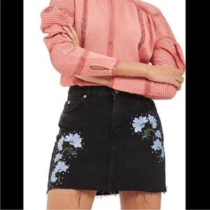 Topshop Black Mini Skirt with Blue Floral Embroidery